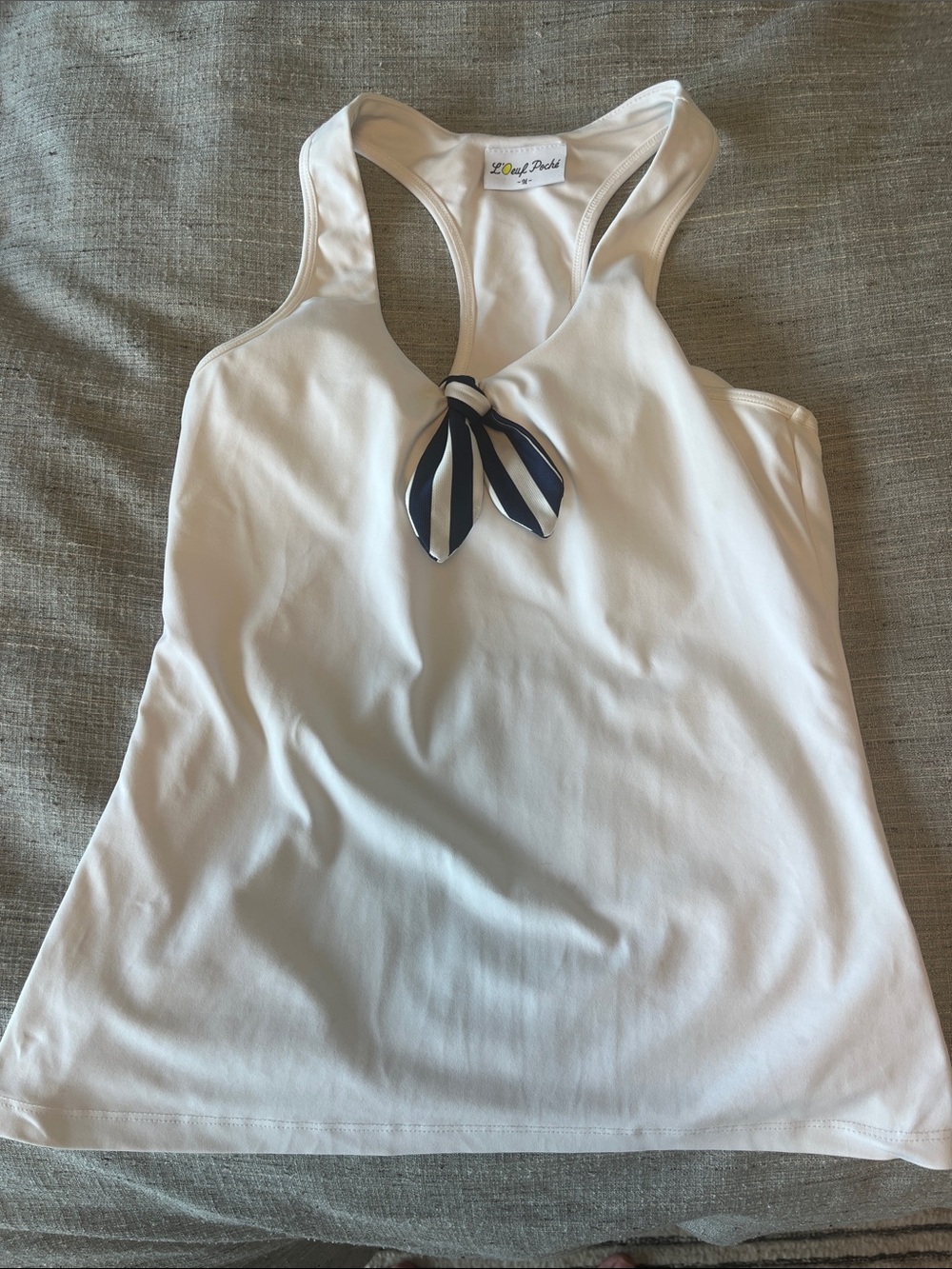 White Racerback Tank Top with Navy Bow